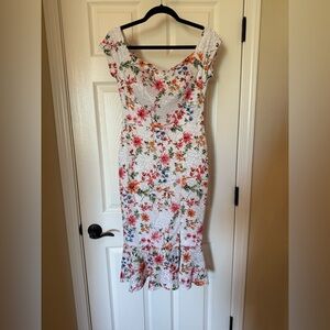 Guess Off the Shoulder Floral Midi Dress - White and Multicolor